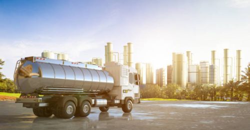 3d rendering logistic oil tank semi trailer truck at oil refinery